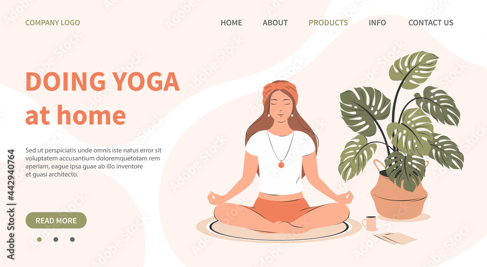 Yoga at home page template. Woman practicing yoga and enjoying meditation in her room or apartment. Flat vector illustration.

