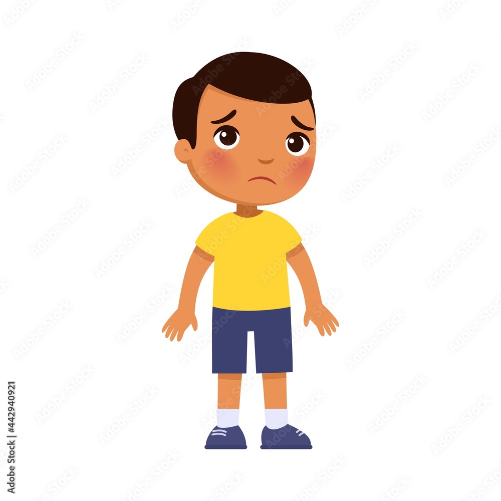 Sadness dark skin little boy flat vector illustration. Upset lonely child standing alone cartoon character. Dark skin kid in bad mood, person unhappy expression