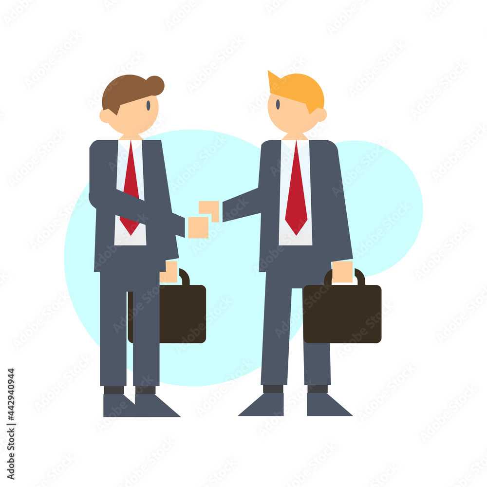 Two business man partner shaking hands and agreement. Business deal flat vector illustration Two business man partner shaking hands and agreement. Business deal flat vector illustration