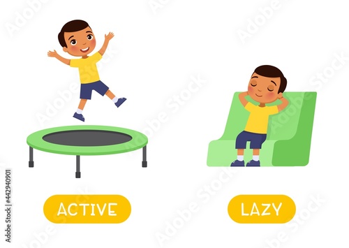Active and lazy antonyms word card,  Opposites concept. Flashcard for English language learning. Dark skin boy jumps happily on the trampoline, the child sleeps in the chair.