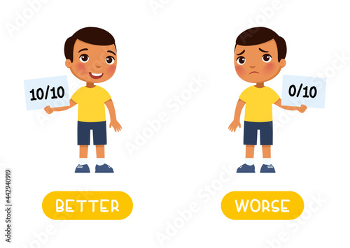 BETTER and WORSE antonyms word card, opposites concept. Flashcard for English language learning. Sad dark skin boy holds in his hand a sheet with a minimum result and a happy boy shows a maximum 