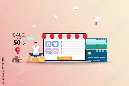 Online shopping concept, young man wear a face mask and sit on top of coinstack near a big screen of laptop that contain list of products, credit card, customer rating and reviews to order a new shoe.