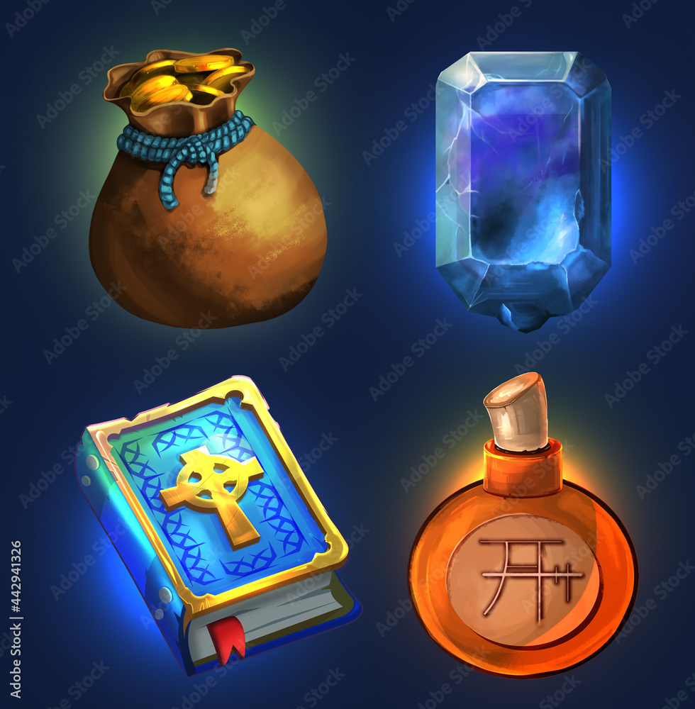 A set of pictures for a casual fantasy game. A crystal, a flask, a bag of gold, a book of spells. Isolated raster objects. Icons, props, a collection of magic items. Bible, prayer, mana, Celtic cross. - obrazy, fototapety, plakaty 
