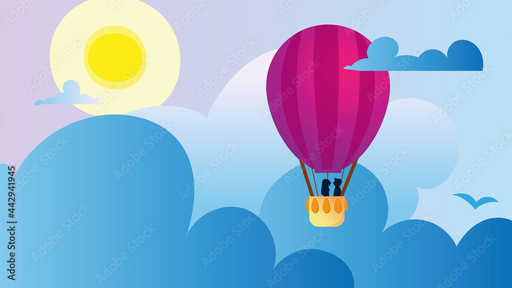 Fototapeta premium Pink hot air ballon flying on a colorful sunny sky with blue clouds moving. Material can be used as a background.