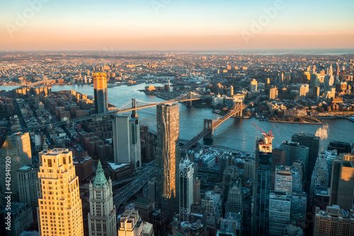 Aerial view of the Manhattan Bridge and Brooklyn Bridge at sunset, New York City, USA photo