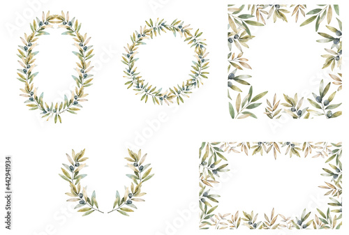 Wreath set laurel, oak, wheat, leaves and olive. Circle frame, square banner, background