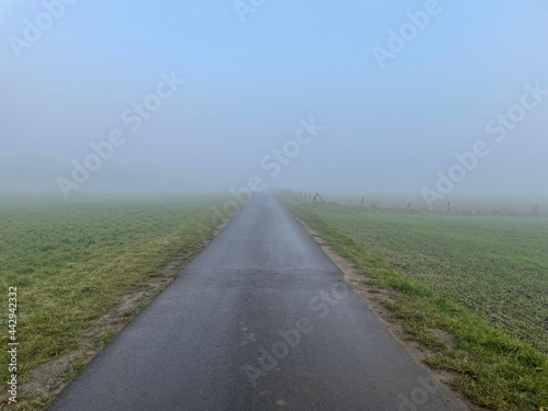 Mystic scenery of a road in cloudy landscape with green fields on the side and a cloudy blue sky.