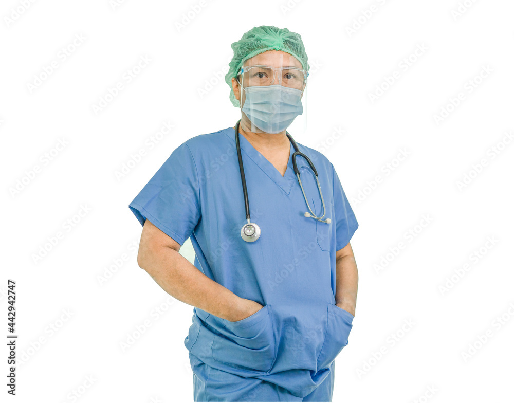 Asian doctor wearing face shield and PPE suit new normal to check patient protect safety infection Covid-19 Coronavirus isolated on white background with clipping path. Asian doctor wearing face shield and PPE suit new normal to check patient protect safety infection Covid-19 Coronavirus isolated on white background with clipping path.