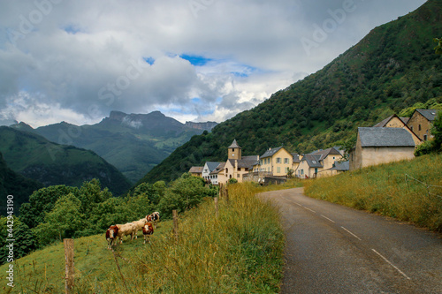 Cette-Eygun, un pequeño pueblo del lado francés de los Pirineos. Paisaje rural de un pequeño pueblo encajado en un valle entre bosques y empinadas montañas. Iglesia de San Pedro al fondo. photo