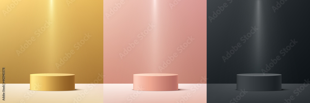 Set of abstract gold, pink gold, black cylinder pedestal podium with lighting. Luxury minimal wall scene collection. Modern vector rendering geometric platform for cosmetic product presentation. - obrazy, fototapety, plakaty 