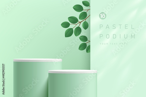 Abstract 3D light green and white cylinder pedestal podium with green leaf inside the window on the wall. Pastel green minimal wall scene. Modern vector rendering for product display presentation.