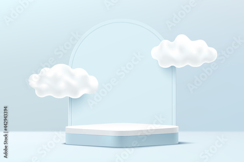 Abstract 3D light blue and white round corner pedestal podium with cloud sky and geometric backdrop. Vector rendering geometric platform for product presentation. Pastel blue minimal wall scene.