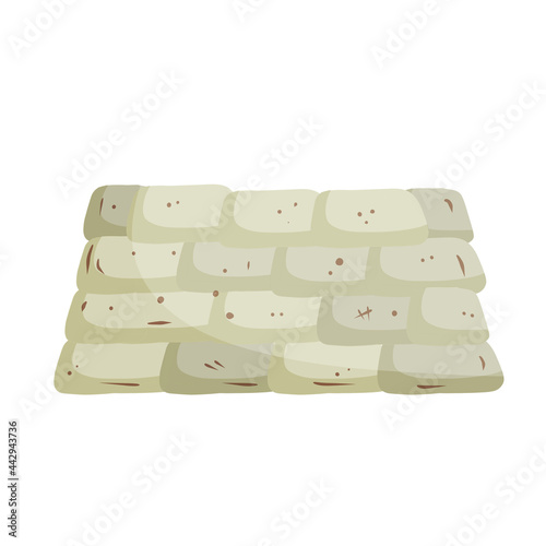 Barricade of sandbags. Fortified point. Defense construction. Modern warfare. Outpost and barrier. Flat cartoon. Wall of the bag