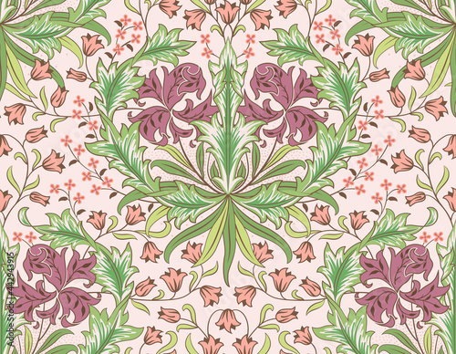Floral seamless pattern with big and small red flowers on light pink background. Vector illustration.