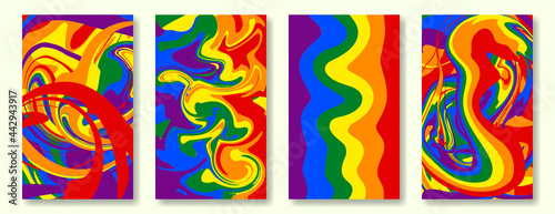 Set of rainbow abstract backgrounds for social media posting and stories. Colorful wavy shapes, liquid patterns in rainbow colors, lgbt concept.