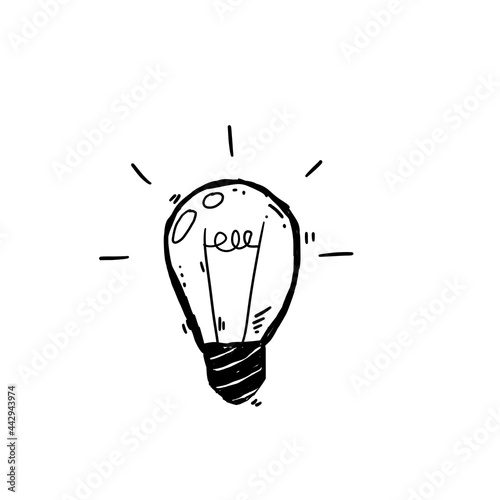 Light Bulb. Sketch of an electric device. Black and white illustration. Cartoon doodle lighting concept and ideas photo