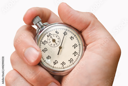 Stopwatch button presses hand finger on white background, isolate