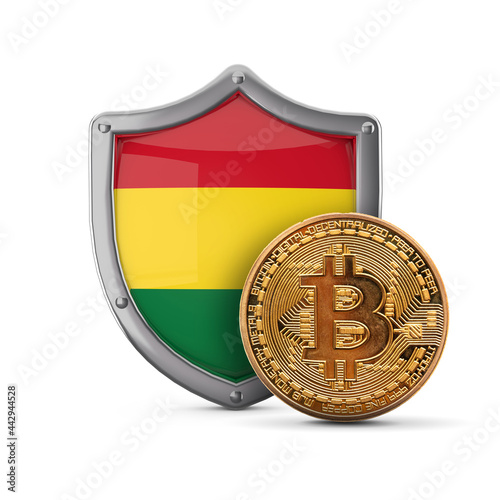 Bitcoin cryptocurrency coin in front of a Bolivia flag shield. 3D Render photo