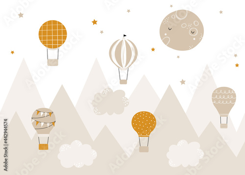 Vector children hand drawn doodle mountain illustration in scandinavian style. Mountain landscape, clouds, air balloons and cute moon. Kids wallpaper. Mountainscape, baby room design, wall decor.