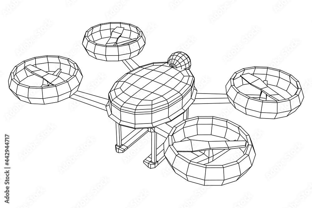 Drone flying with action video camera. Wireframe low poly mesh vector illustration Drone flying with action video camera. Wireframe low poly mesh vector illustration