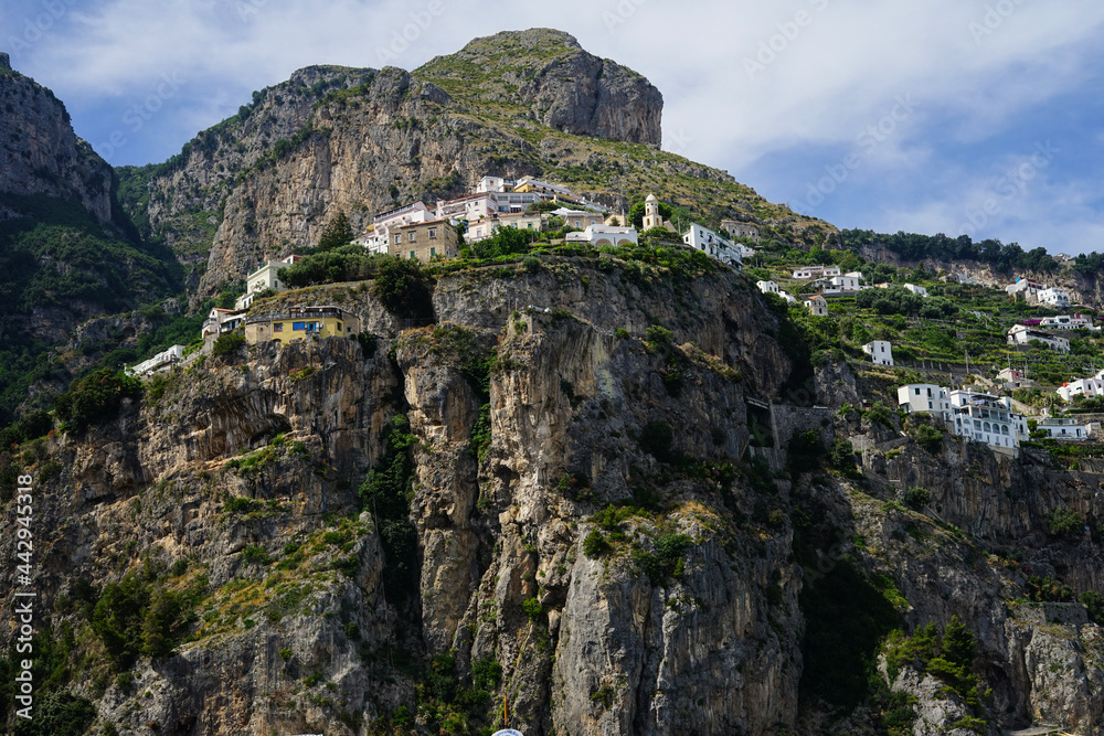 Houses on the top of Amalfi coast mountains, Salerno, Campania, Positano, Italy