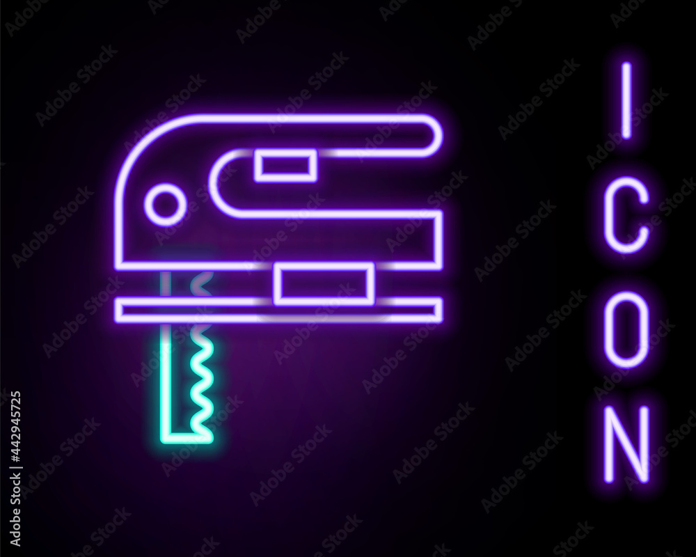 Glowing neon line Electric jigsaw with steel sharp blade icon isolated on black background. Power tool for woodwork. Colorful outline concept. Vector Glowing neon line Electric jigsaw with steel sharp blade icon isolated on black background. Power tool for woodwork. Colorful outline concept. Vector