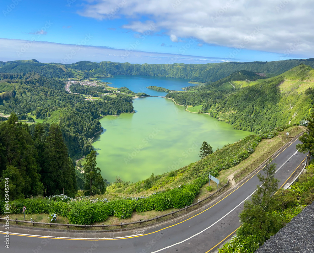 View of two lakes from the air of Sao Miguel, Azores.