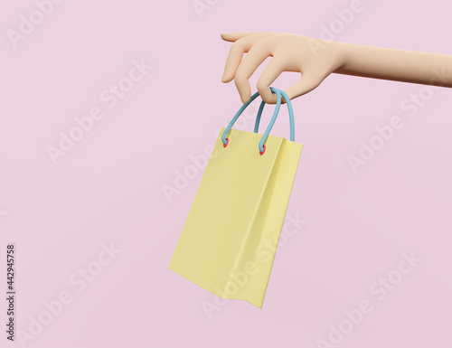 Character cartoon woman hand holding yellow shopping paper bags isolated on pink background ,3d illustration or 3d render