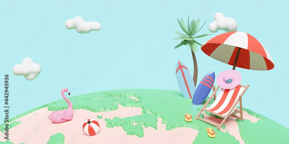 Naklejka premium summer travel around the world concept with beach chair,ball,umbrella,inflatable flamingo,coconut tree,hat,surfboard ,3d illustration or 3d render