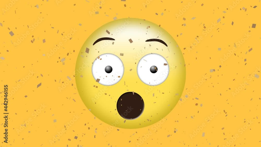 Animation of confetti falling over surprised emoji on yellow background Animation of confetti falling over surprised emoji on yellow background