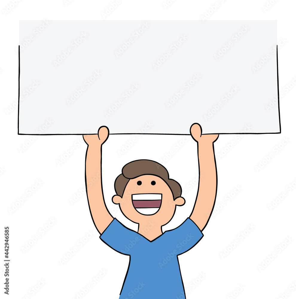 Cartoon man holding blank sign upwards, vector illustration Cartoon man holding blank sign upwards, vector illustration