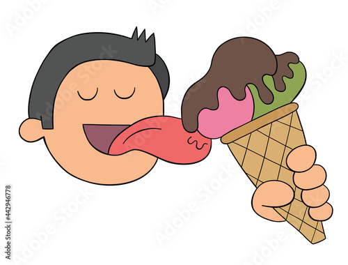 Cartoon man licks ice cream, vector illustration