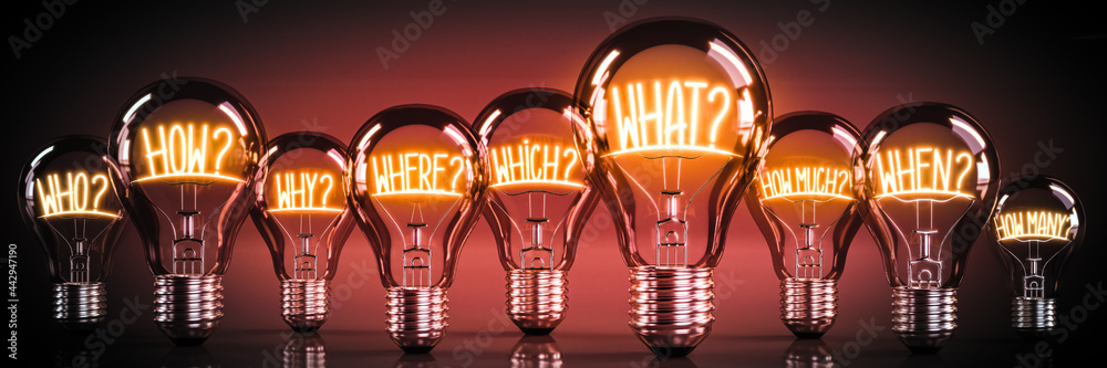Questions concept - shining light bulbs - 3D illustration - obrazy, fototapety, plakaty 