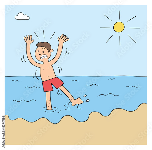 Cartoon man can't swim and is afraid of the sea, vector illustration