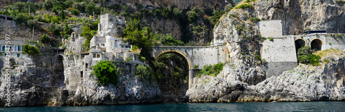 Furore Fjord frontal view from Mediterranean sea, Amalfi Coast, Salerno, Campania, Italy