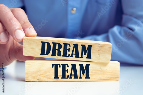 hand holding dice with text for illustration of "Dream team" words