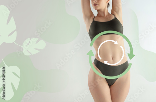 Women belly with drawing arrows. Fat lose, liposuction and cellulite removal concept. Good and fast metabolic problem. photo