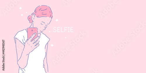 Cute girl takes a selfie. A young woman holds a smartphone in her hand. A modern fashion illustration.