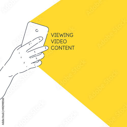 A persons hand is holding a phone. A poster with the image of a smartphone. Modern illustration in a realistic style.