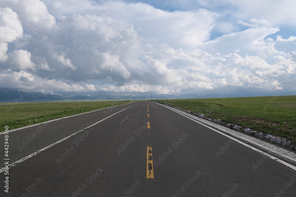 empty asphalt road at grassland. Horizon and white clouds background