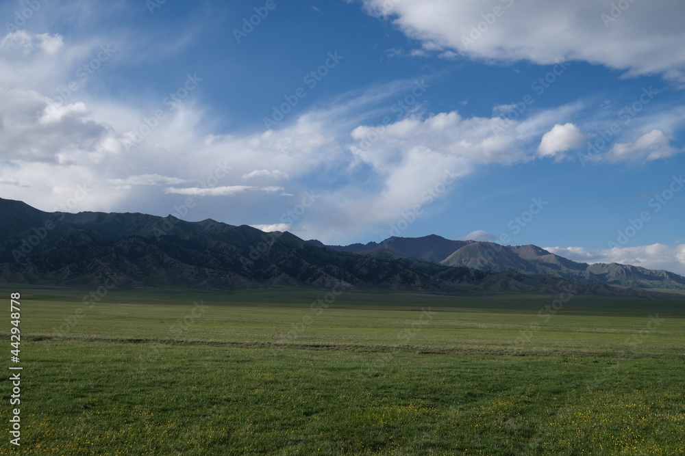 Mountain range and green grassland in Xinjiang China