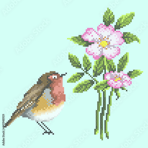 vector art embroidery bird and flowers
