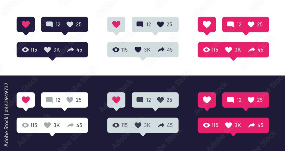 Social network tooltip bubbles with counter in flat design style - view, share, comment, love