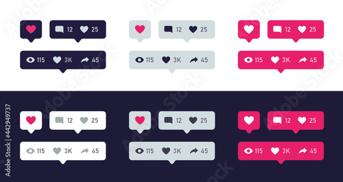 Social network tooltip bubbles with counter in flat design style - view, share, comment, love photo