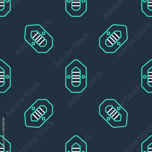 Line Rafting boat icon isolated seamless pattern on black background. Inflatable boat. Water sports, extreme sports, holiday, vacation. Vector