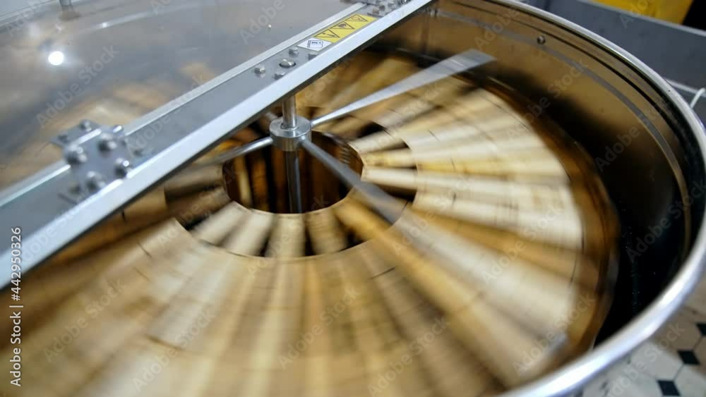 Honey pumping. Centrifuge device that spinning honey from honey cells