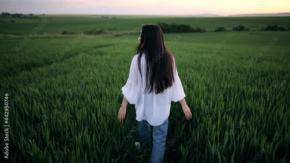 Young asian woman happily walking in slow motion through a field touching with hand wheat ears. Beautiful carefree girl enjoying nature and sunlight in wheat field at incredible colorful sunset Young asian woman happily walking in slow motion through a field touching with hand wheat ears. Beautiful carefree girl enjoying nature and sunlight in wheat field at incredible colorful sunset