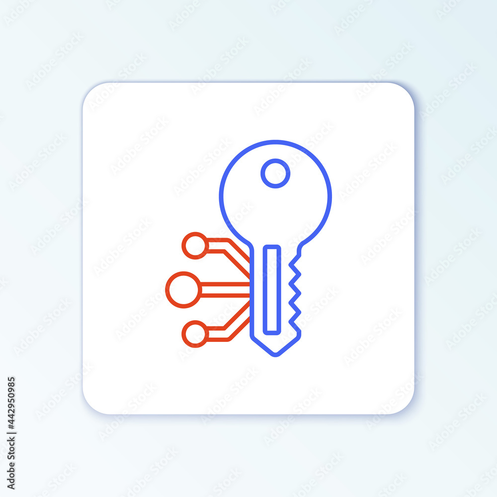 Line Cryptocurrency key icon isolated on white background. Concept of cyber security or private key, digital key with technology interface. Colorful outline concept. Vector Line Cryptocurrency key icon isolated on white background. Concept of cyber security or private key, digital key with technology interface. Colorful outline concept. Vector