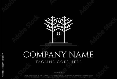 House Cabin Tree Forest Line Real Estate Logo Design Vector