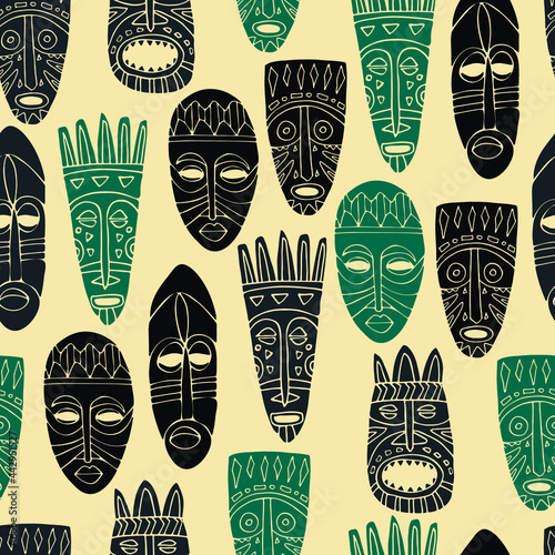 Tribal Masks Seamless Vector Pattern. African Ethnic Masks. Hand Drawn Elements. Colorful Illustration. Doodle style.